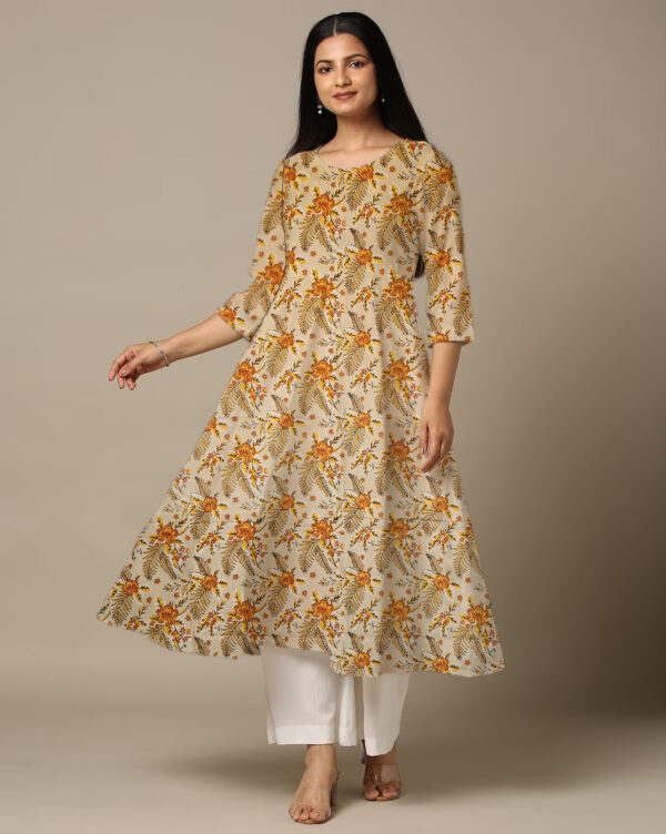 Zinnias Floral Printed Yellow Cotton Anarkali Kurti For Womens
