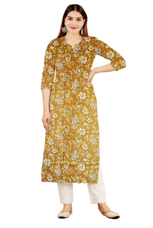 Wild Rose Floral Printed Yellow Cotton Kurti For Womens
