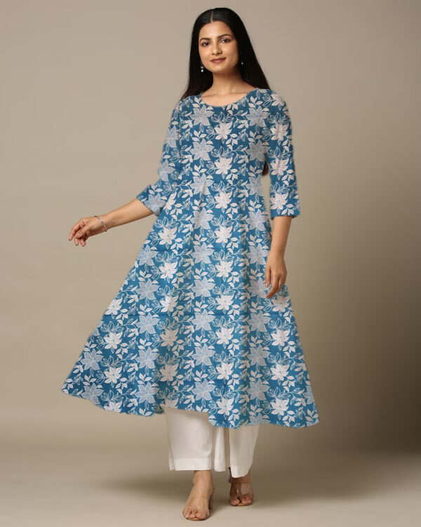 Lotus Floral Printed Blue Cotton Anarkali Kurti For Womens