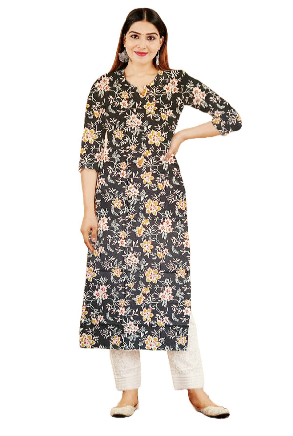 Wild Rose Floral Printed Black Cotton Kurti For Womens