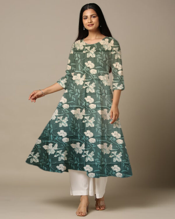 Iris Floral Printed Green Cotton Anarkali Kurti For Womens