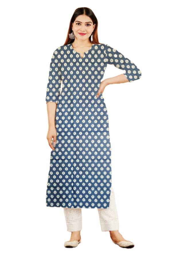 Booti Printed Blue Cotton Kurti For Womens