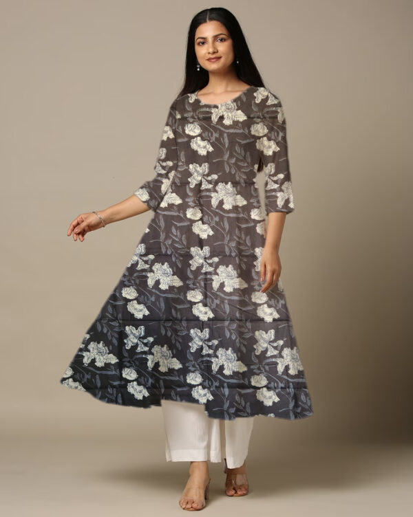 Iris Floral Printed Black Cotton Anarkali Kurti For Womens