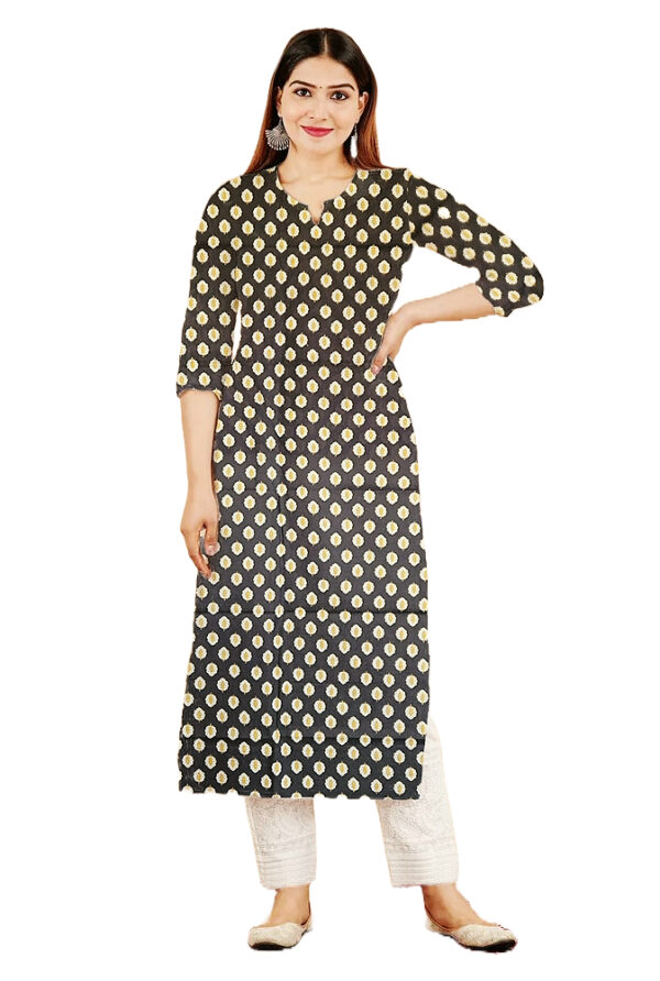 Booti Printed Black Cotton Kurti For Womens
