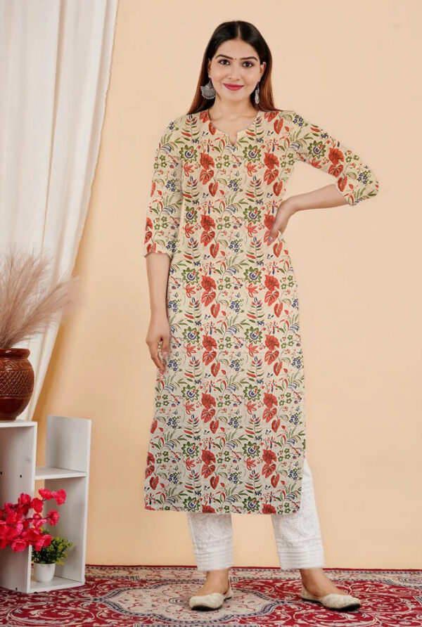 Red Floral Print in Geometric Form Cotton Kurti For Womens