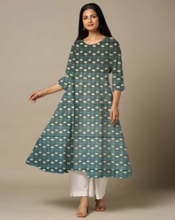 Floral Buti Printed Green Cotton Anarkali Kurti For Womens