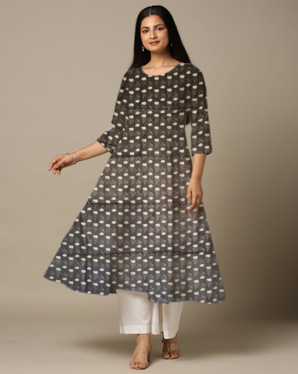 Floral Buti Printed Black Cotton Anarkali Kurti For Womens