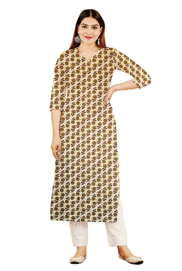 Small Marigold Floral Printed Brown Cotton Kurti For Womens