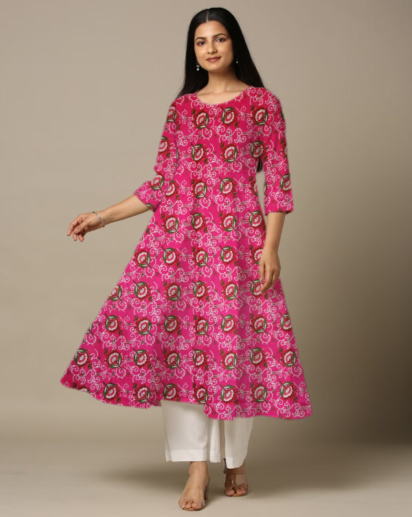 Rosebud Floral Printed Pink Cotton Anarkali Kurti For Womens
