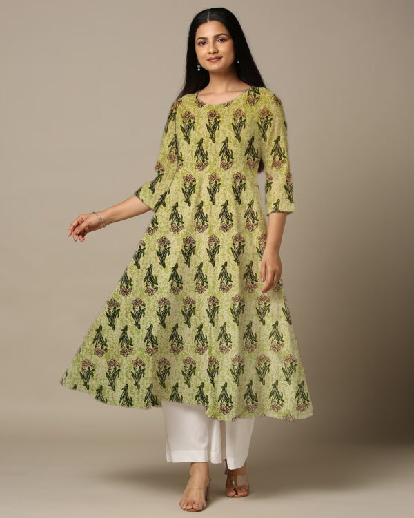 Large Lily Floral Printed Green Cotton Anarkali Kurti For Womens