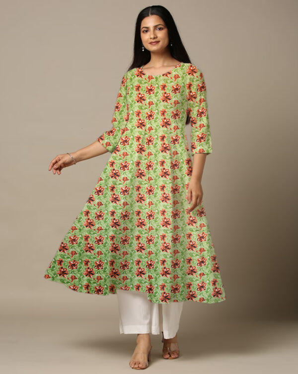Green Hibuscus Floral Printed in Geometirc Form Cotton Anarkali Kurti For Womens