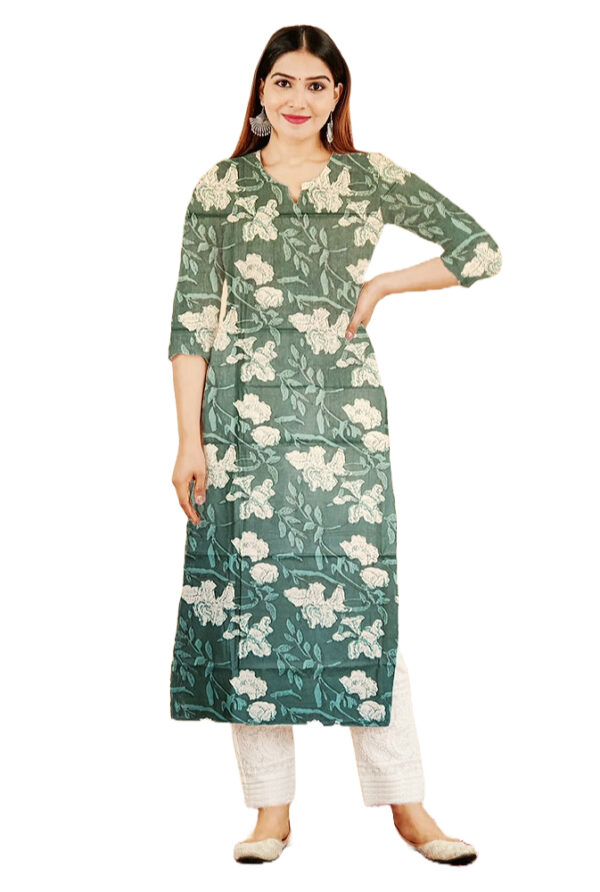 Iris Floral Printed Green Cotton Kurti For Womens