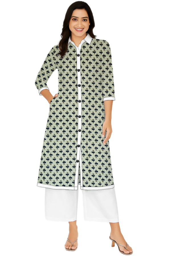 Tiny Floral Printed Blue Cotton Collar Neck Kurti For Womens