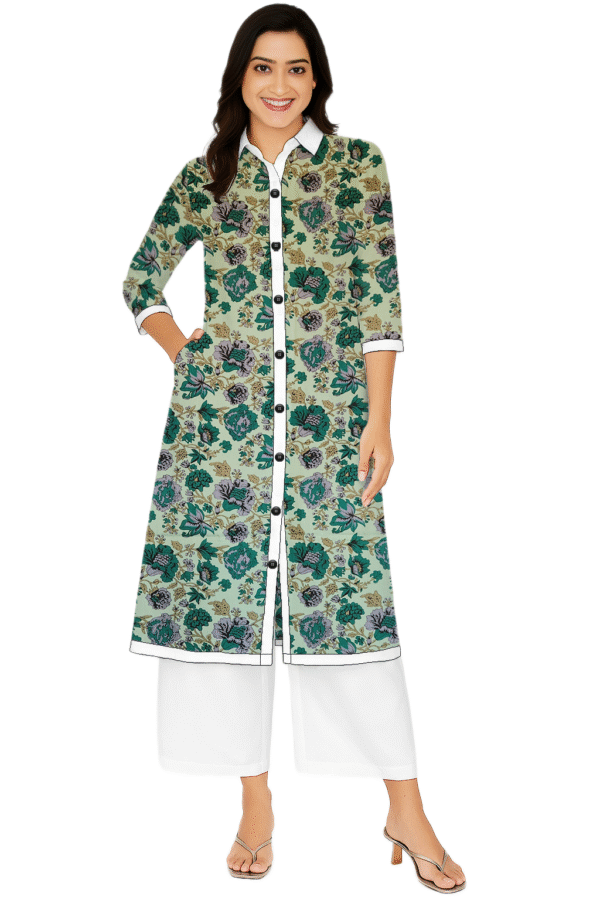 Assorted Floral Print Green Cotton Collar Neck Kurti For Womens