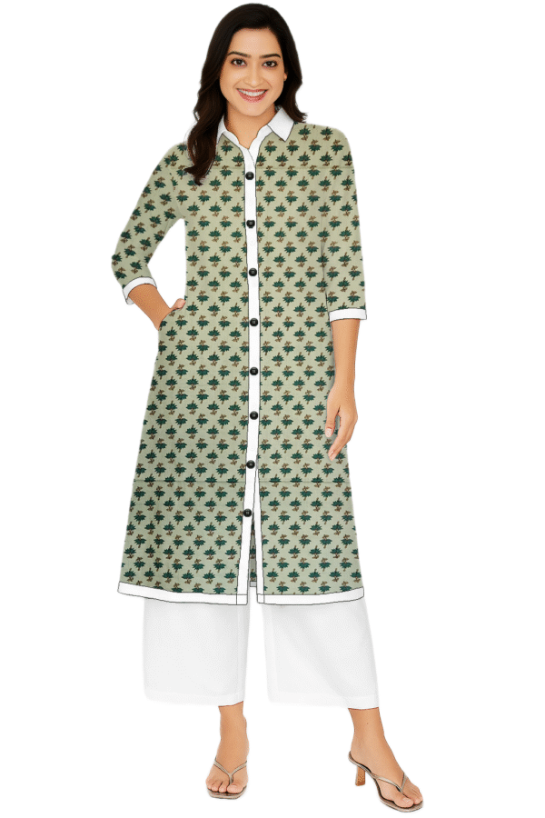 Tiny Floral Printed Green Cotton Collar Neck Kurti For Womens