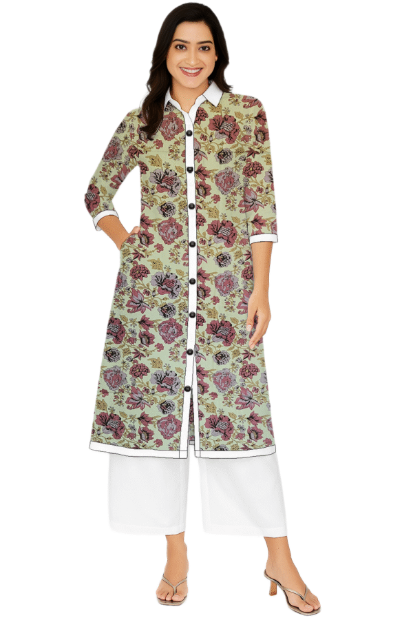 Assorted Floral Print Pink Cotton Collar Neck Kurti For Womens
