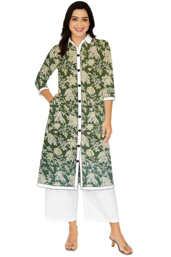 Large Floral Print Green Cotton Collar Neck Kurti For Womens