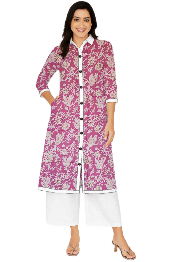 Large Floral Print Pink Cotton Collar Neck Kurti For Womens