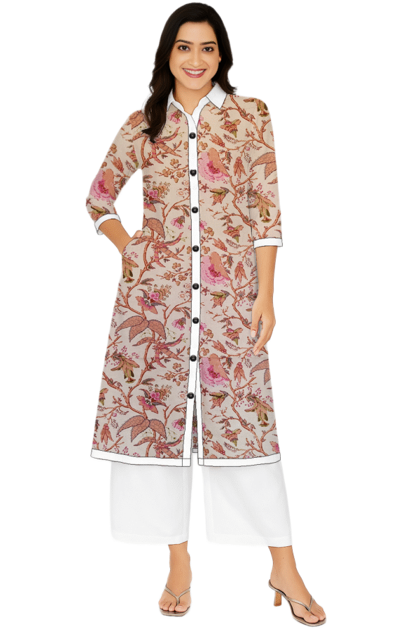 Floral And Leaf Print Pink Cotton Collar Neck Kurti For Womens