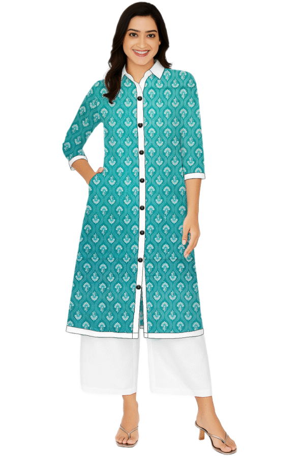 Floral And Geometric Print Blue Cotton Collar Neck Kurti For Womens
