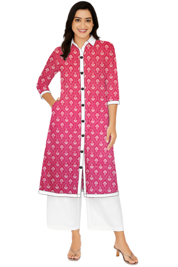 Floral And Geometric Print Pink Cotton Collar Neck Kurti For Womens