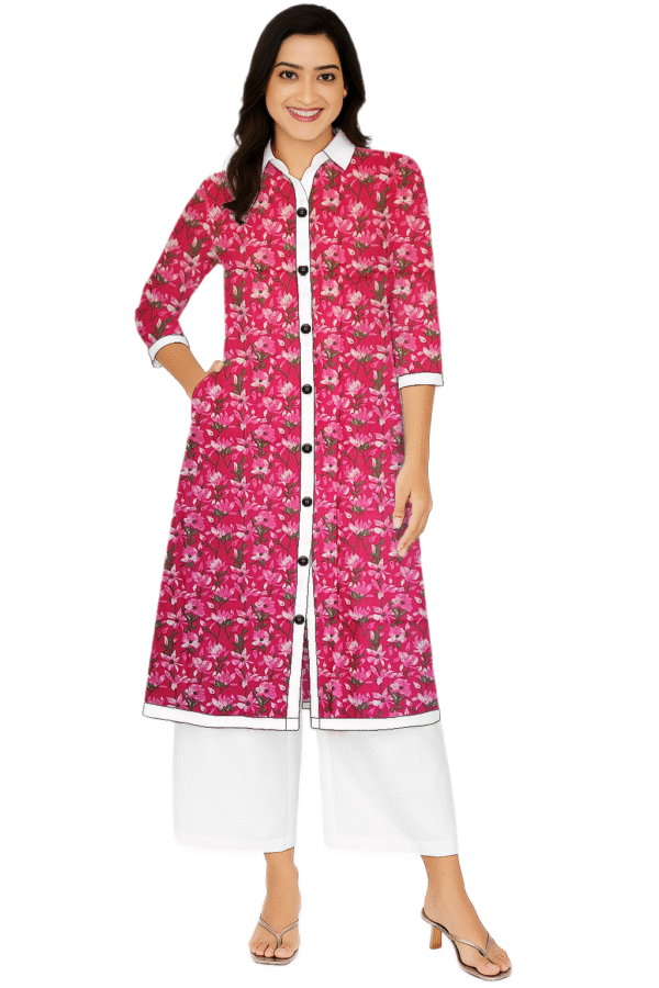 Lily Flower Print Pink Cotton Collar Neck Kurti For Womens