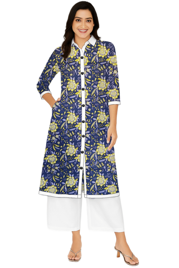Sun Flower Print Blue Cotton Collar Neck Kurti For Womens