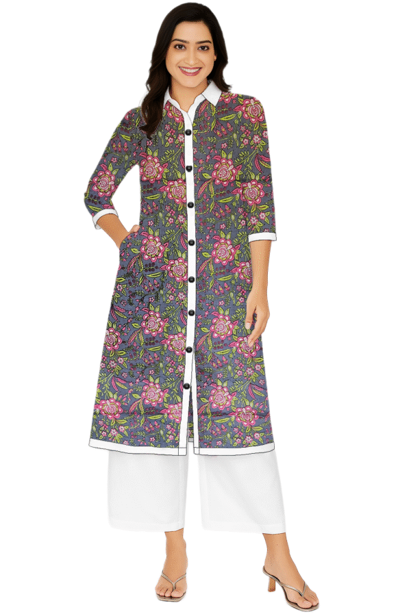 Sun Flower Print Purple Cotton Collar Neck Kurti For Womens