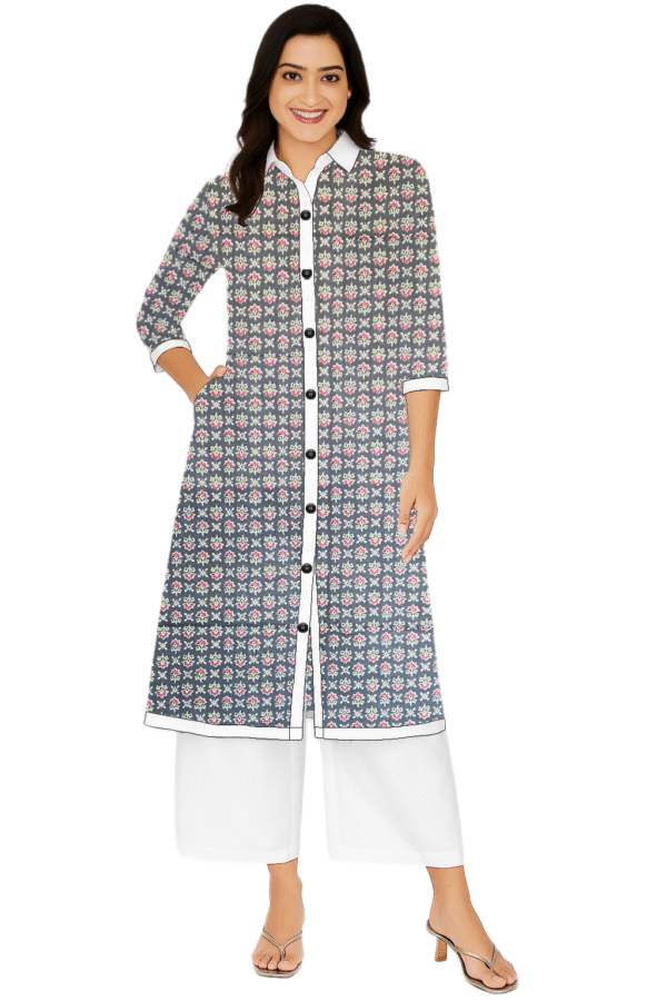 Small Floral Print Purple Cotton Collar Neck Kurti For Womens