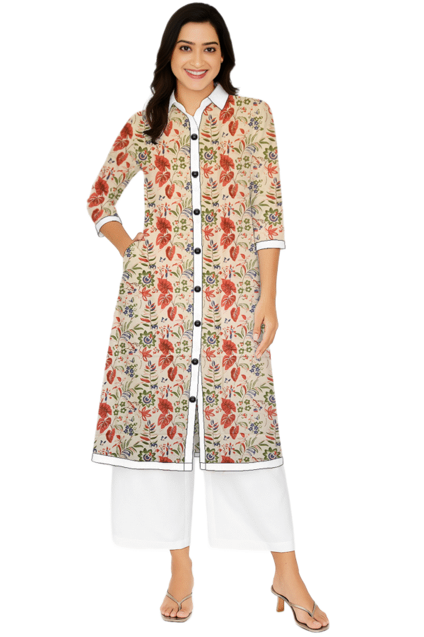Red Floral Print in Geometric Form Cotton Collar Neck Kurti For Womens