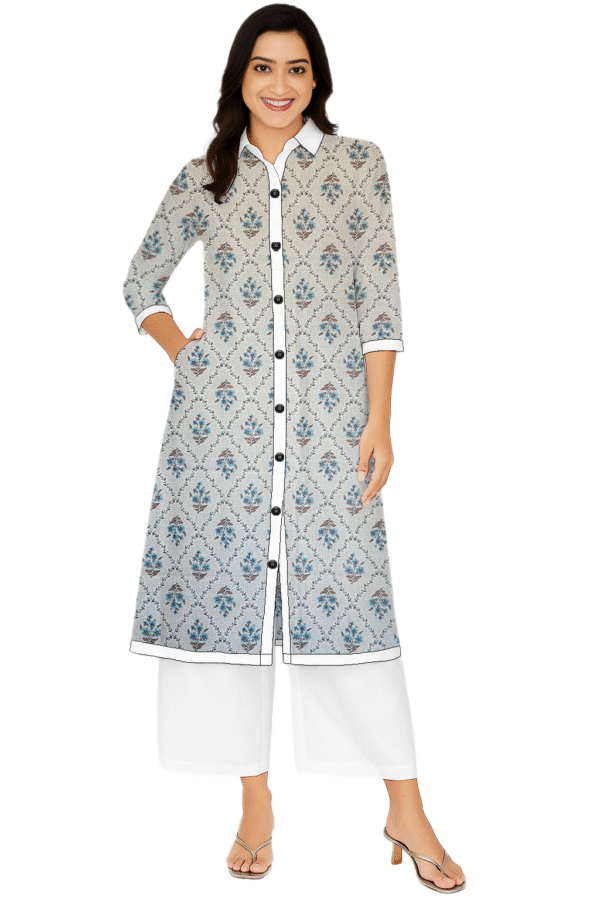 Blue Floral Print Under Rhombus Shape Cotton Collar Neck Kurt For Womens