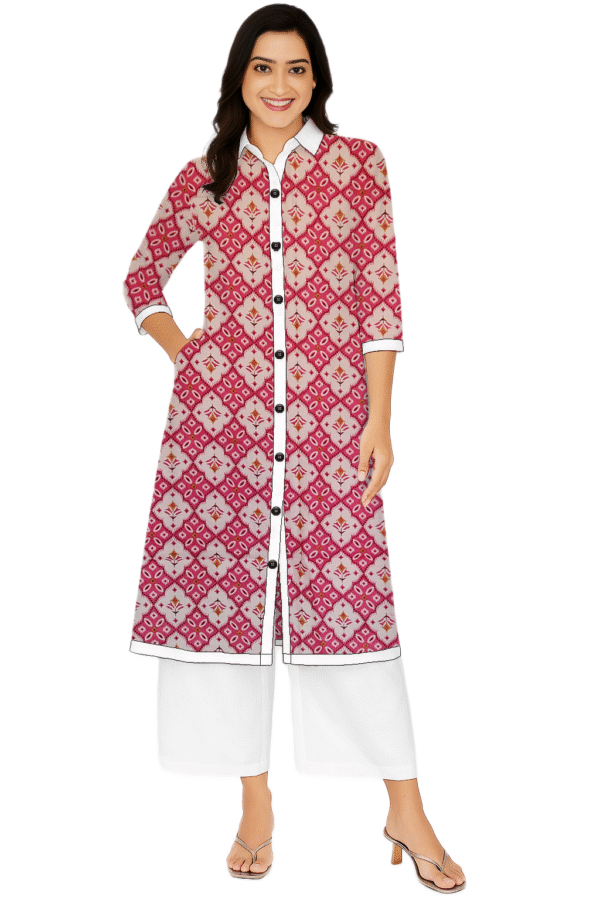 Pink Cotton Geometric And Floral Print Collar Neck Kurti For Womens