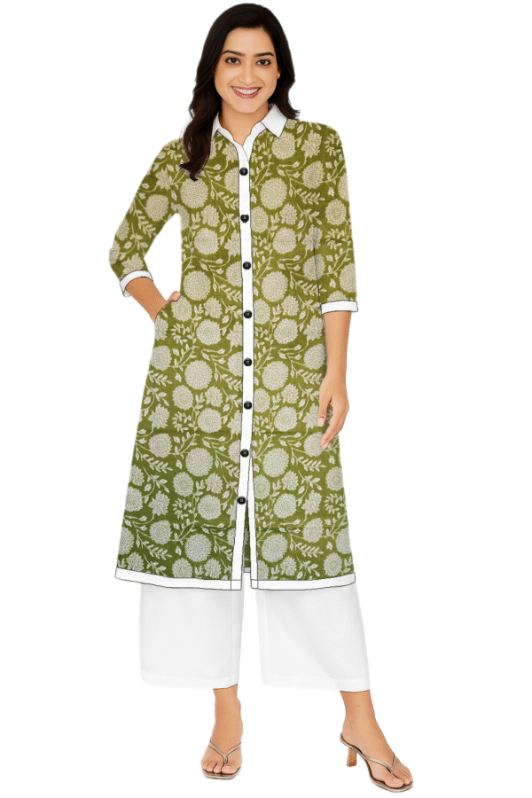 Green Marigold Flower Print Cotton Collar Neck Kurt For Womens