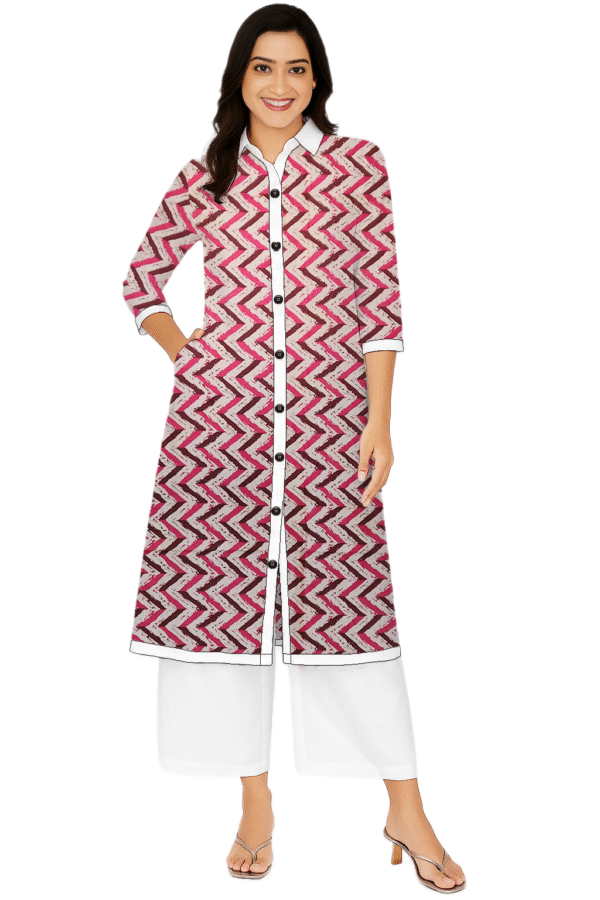 Pink Cotton Geometric Print Collar Neck Kurti For Womens