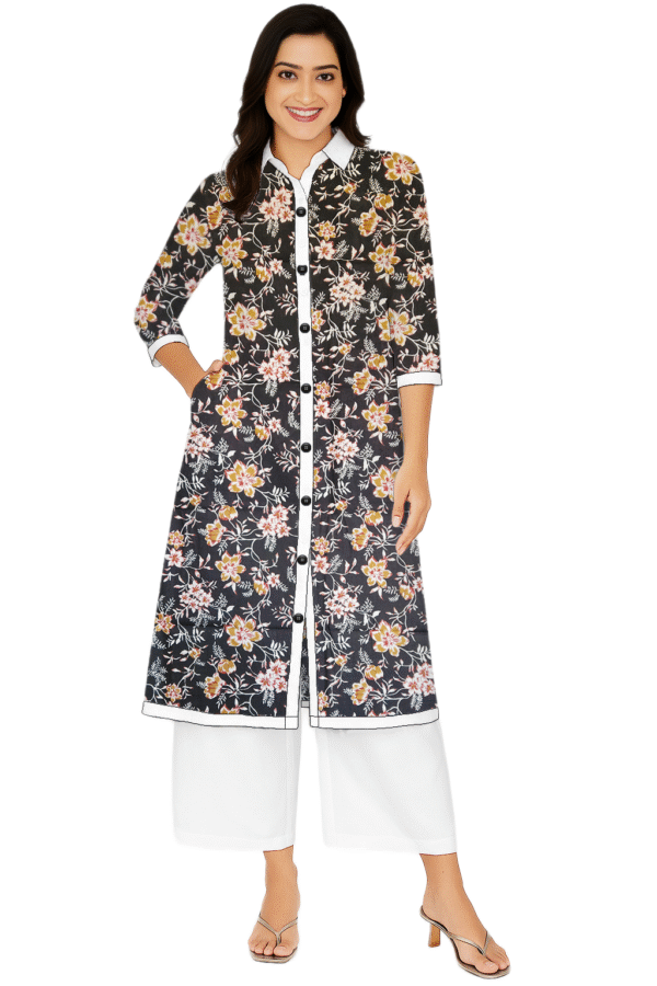 Wild Rose Floral Printed Black Cotton Collar Neck Kurti For Womens