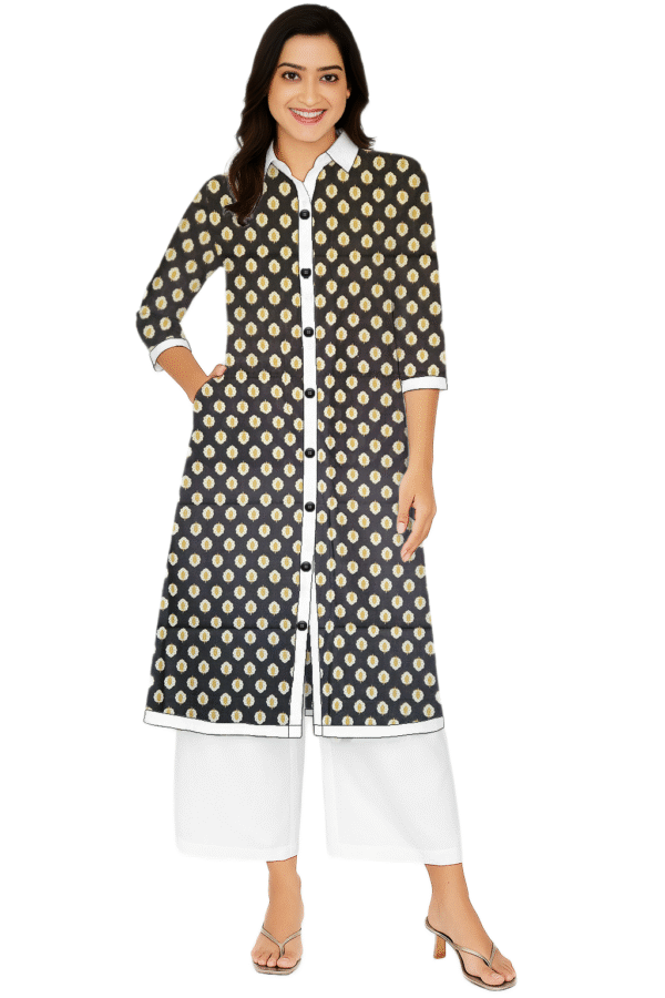 Booti Printed Black Cotton Collar Neck Kurti For Womens