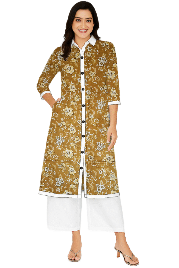 Wild Rose Floral Printed Yellow Cotton Collar Neck Kurti For Womens