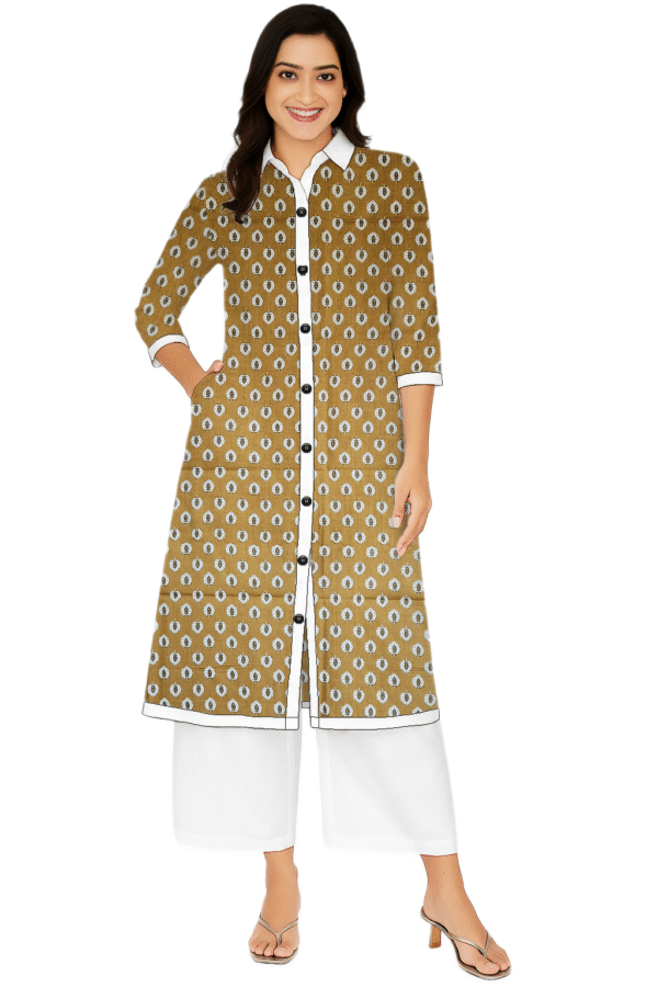 Booti Printed Yellow Cotton Collar Neck Kurti For Womens