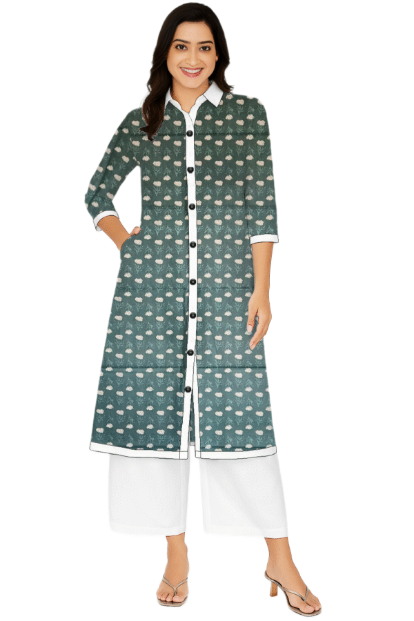 Floral Buti Printed Green Cotton Collar Neck Kurti For Womens