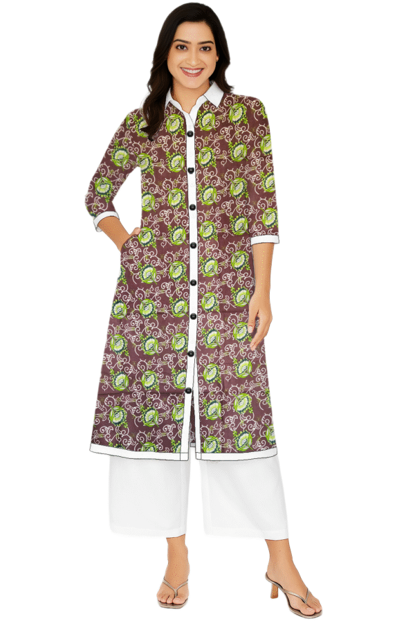 Rosebud Floral Printed Brown Cotton Collar Neck Kurti For Womens