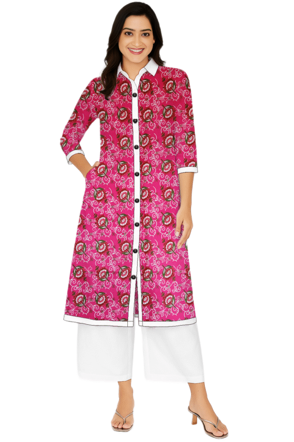 Rosebud Floral Printed Pink Cotton Collar Neck Kurti For Womens
