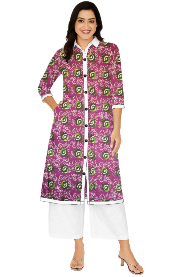 Rosebud Floral Printed Purple Cotton Collar Neck Kurti For Womens