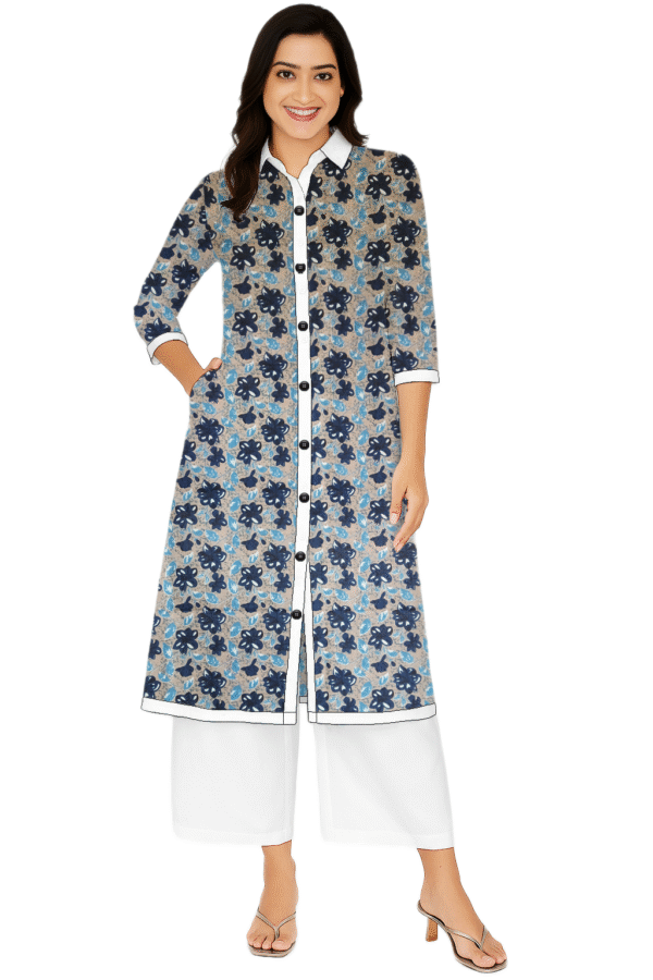 Blue Hibuscus Floral Printed in Geometirc Form Cotton Collar Neck Kurti For Womens