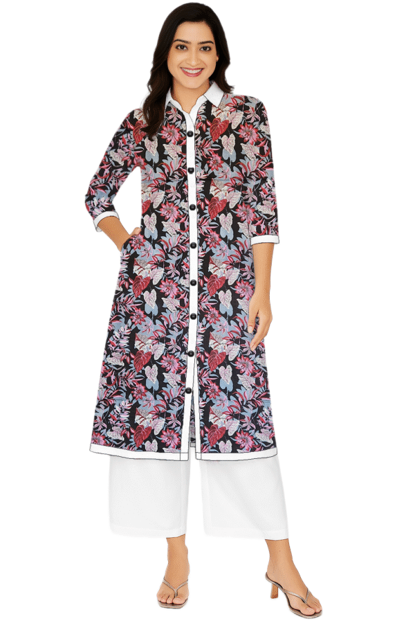 Purple Cotton Floral Print Collar Neck Kurti For Womens