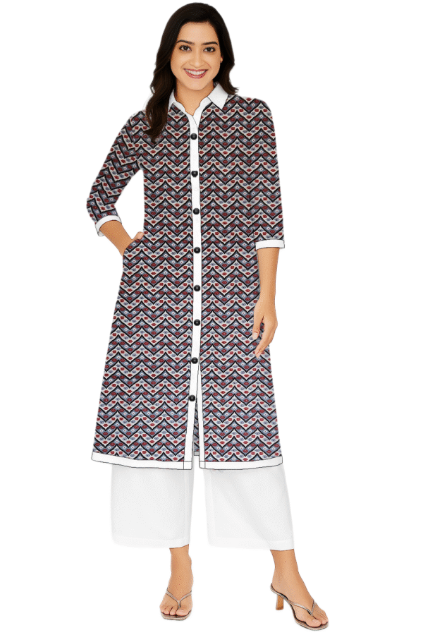 Purple Cotton Zig Zag Print Collar Neck Kurti For Womens