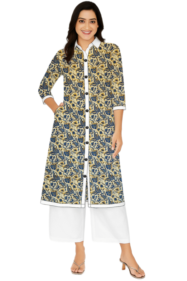 Ajrakh Print Blue Cotton Collar Neck Kurti For Womens
