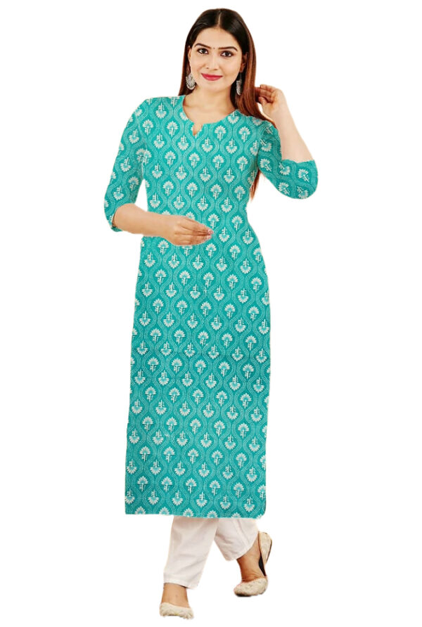Floral And Geometric Print Blue Cotton Kurti For Womens