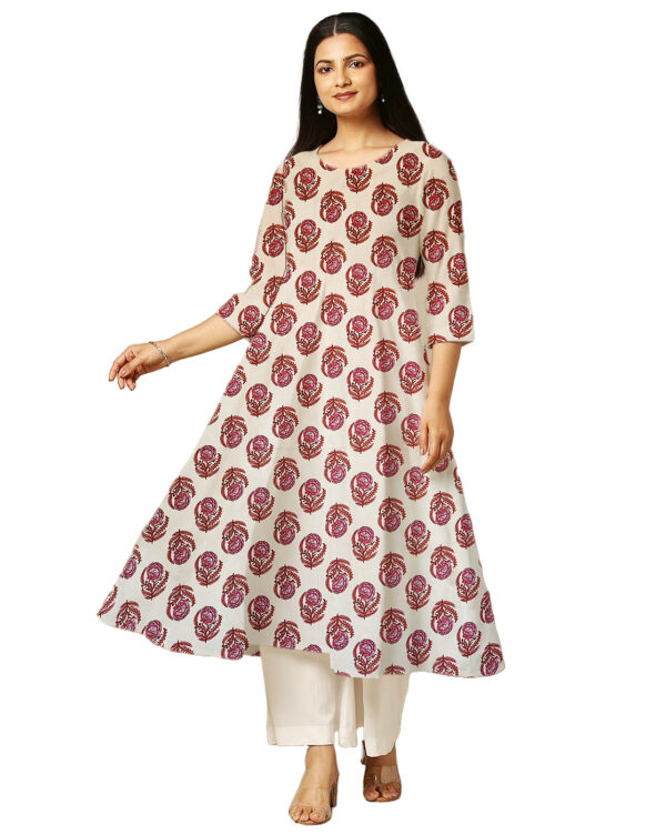Large Floral and Leaf Print Pink CottonAnarkali Kurti For Womens