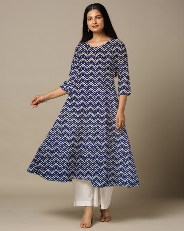 Zig Zag Geometric Print Blue Cotton Anarkali Kurti For Womens