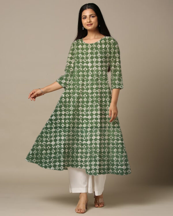Square Print Green Cotton Anarkali Kurti For Womens
